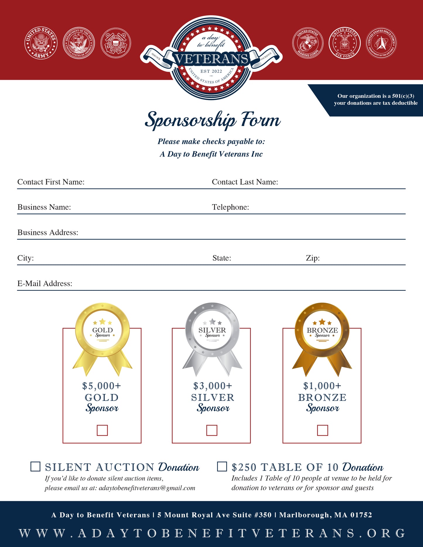 2025 A Day to Benefit Veterans Sponsorship Form